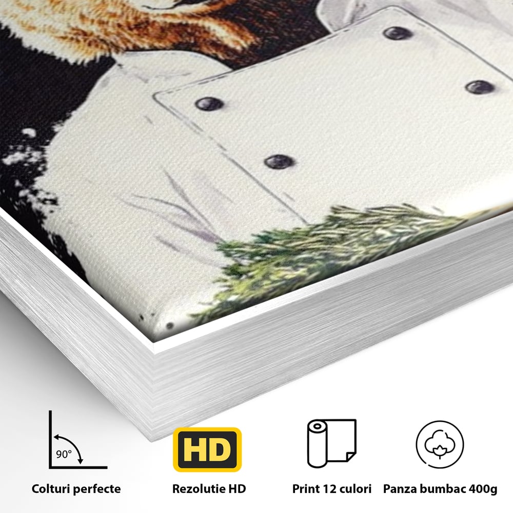 Detaliu al suprafetei: tablou canvas cu urs bucatar, in rama de aluminiu argintiu