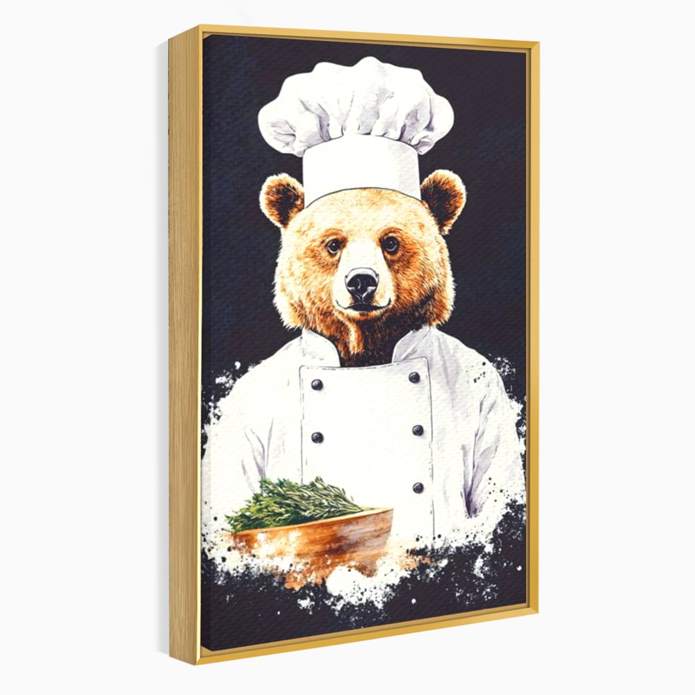 Tablou canvas cu tablou canvas cu urs bucatar, in rama de aluminiu auriu
