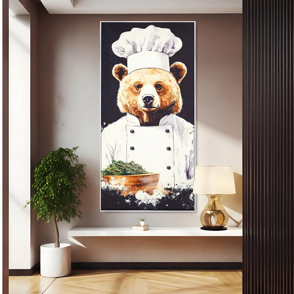 Tablou canvas cu tablou canvas cu urs bucatar, in rama de aluminiu argintiu