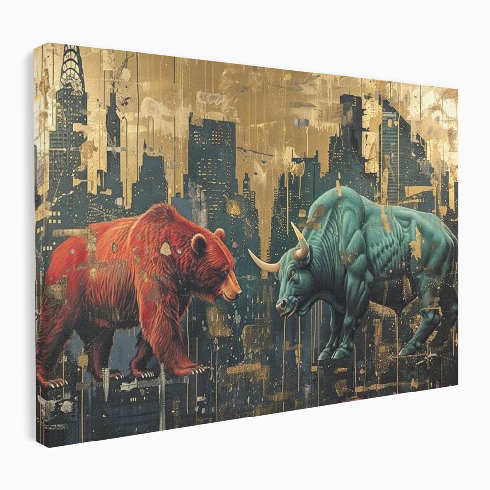 Tablou canvas cu tablou canvas cu taur si urs, fara rama, pe sasiu de lemn