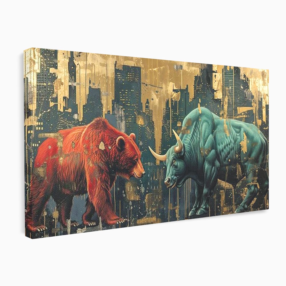 Tablou canvas cu tablou canvas cu taur si urs, fara rama, pe sasiu de lemn