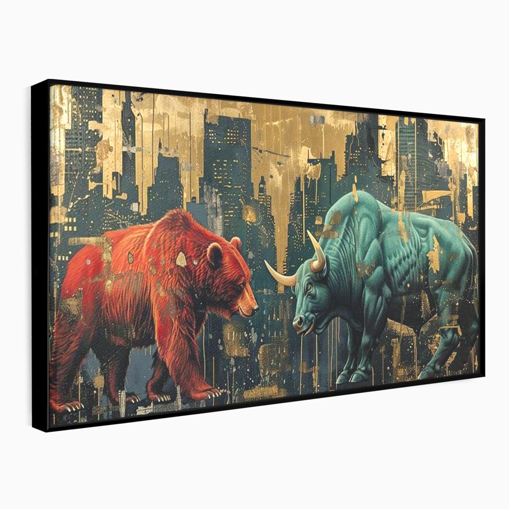 Tablou canvas cu tablou canvas cu taur si urs, in rama de aluminiu negru