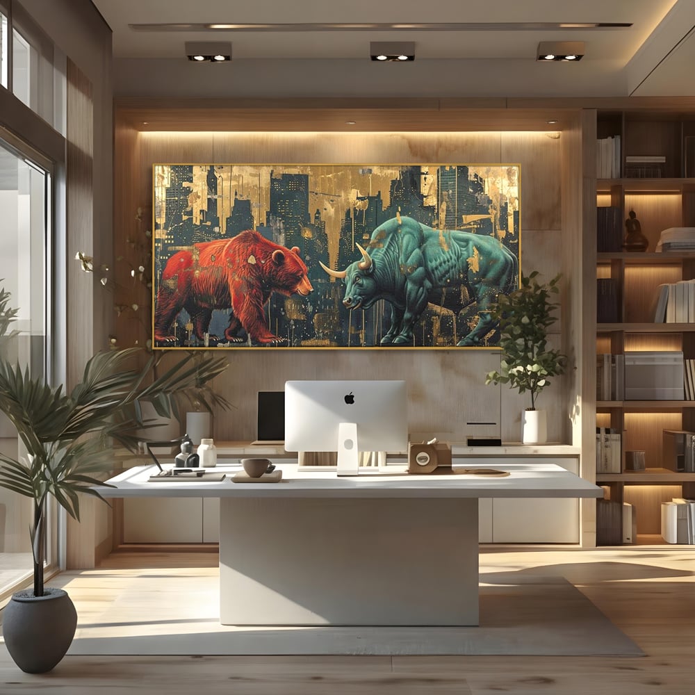 Tablou canvas cu tablou canvas cu taur si urs, in rama de aluminiu auriu, pe perete intr-un birou