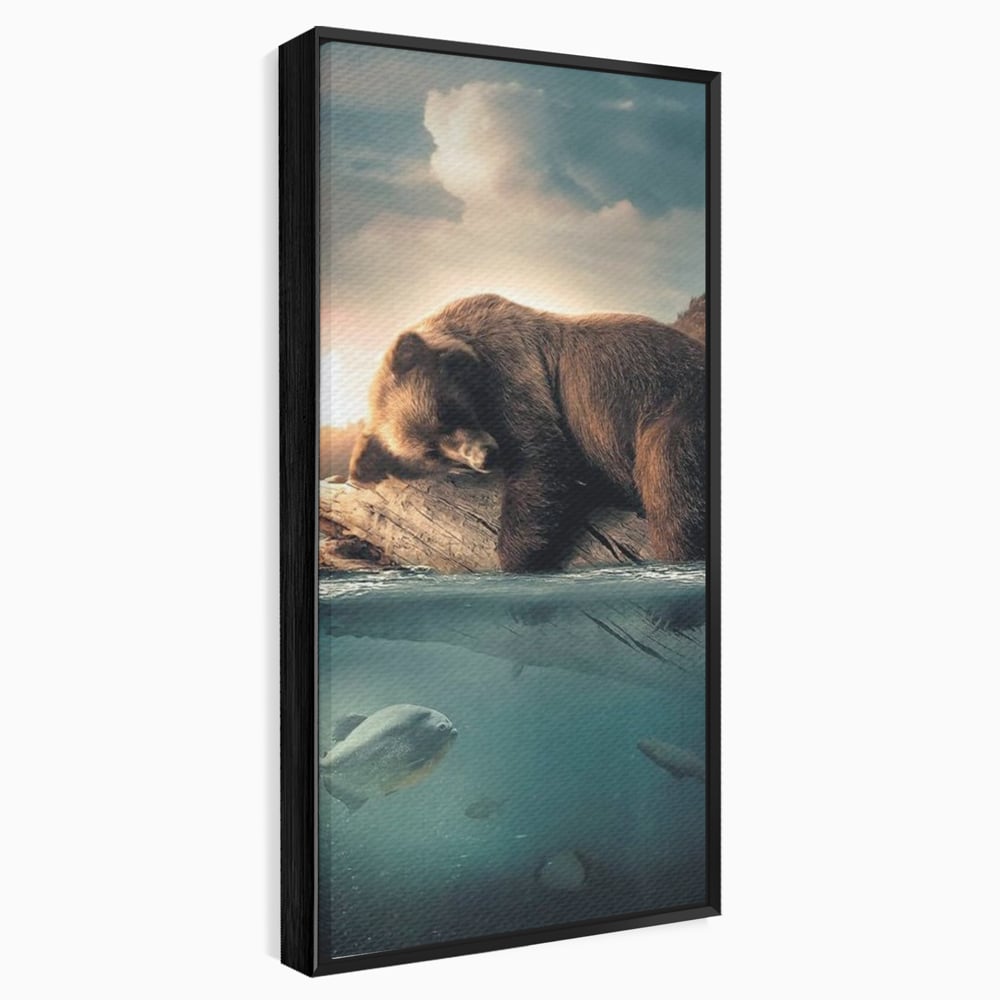 Tablou canvas cu tablou urs brun si peste subacvatic, in rama de aluminiu negru