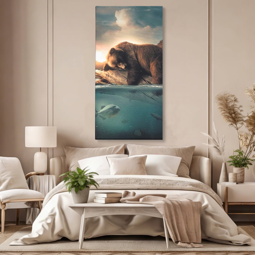 Tablou canvas cu tablou urs brun si peste subacvatic, fara rama, pe sasiu de lemn, pe perete intr-un dormitor