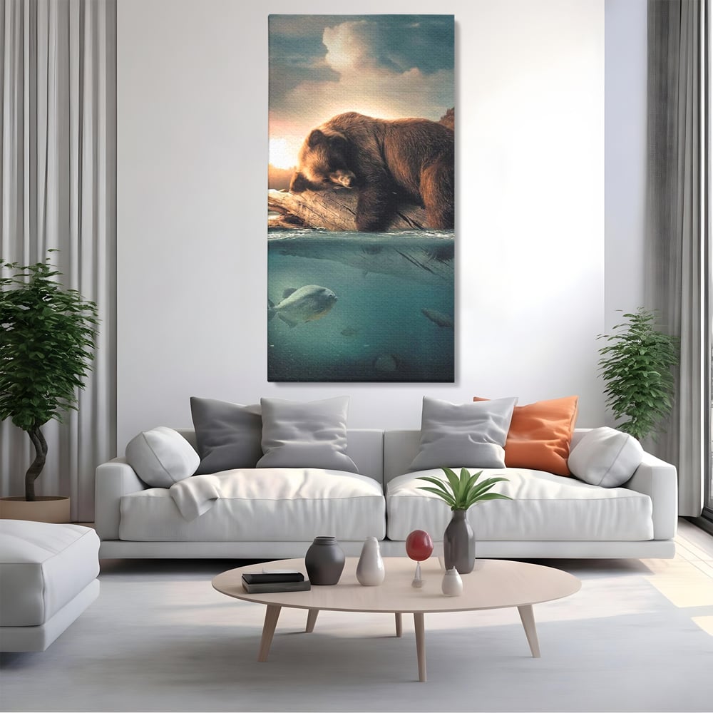 Tablou canvas cu tablou urs brun si peste subacvatic, fara rama, pe sasiu de lemn, pe perete intr-un living