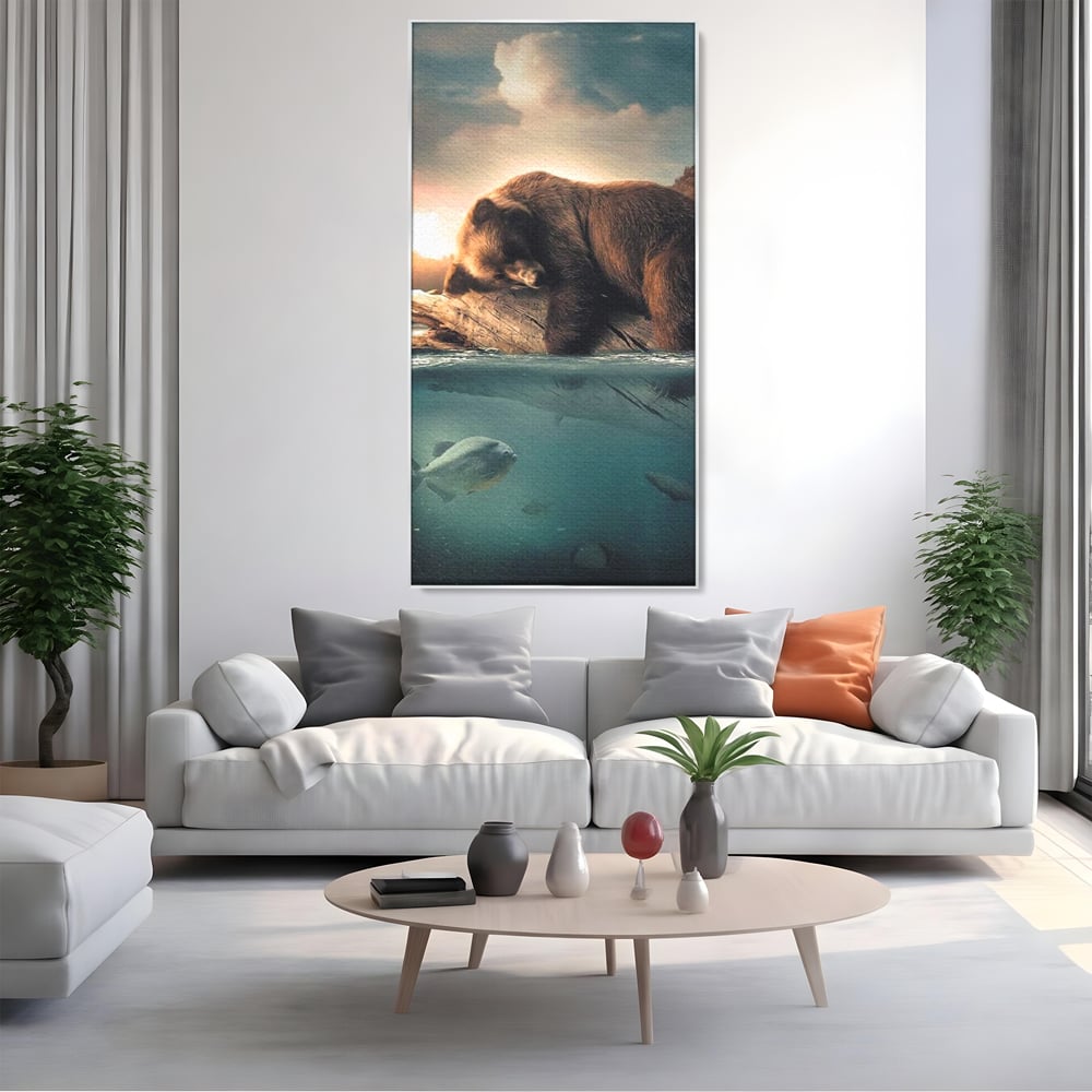 Tablou canvas cu tablou urs brun si peste subacvatic, in rama de aluminiu argintiu, pe perete intr-un living