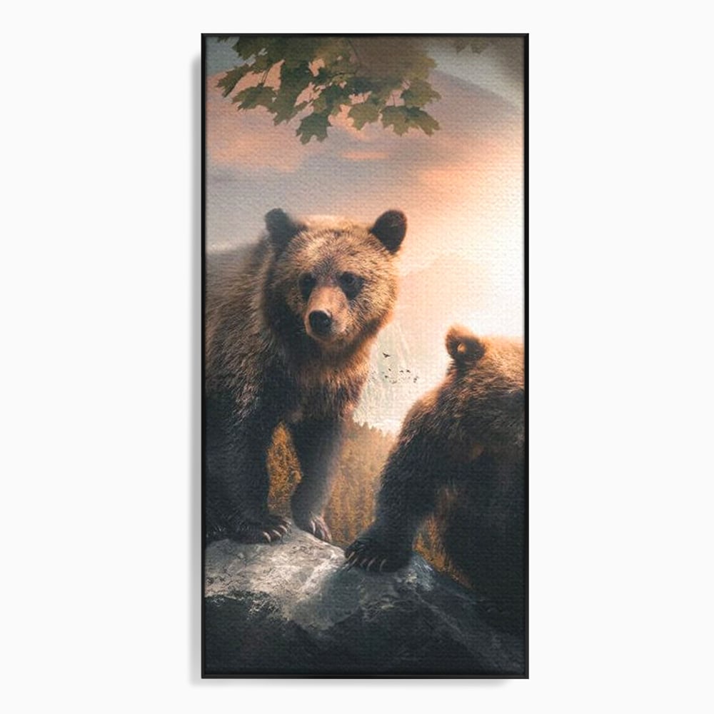 Tablou canvas cu tablou canvas cu doi ursi pe stanca, in rama de aluminiu negru