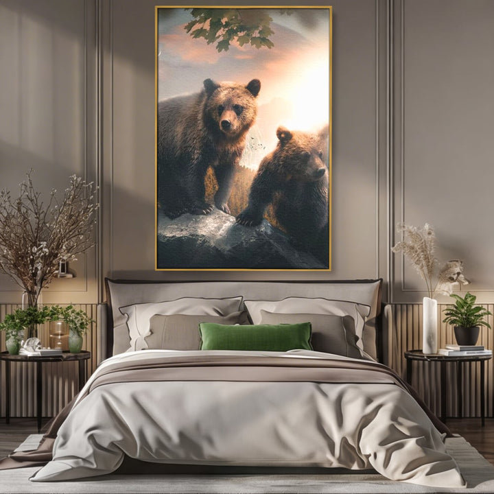 Tablou canvas cu tablou canvas cu doi ursi pe stanca, in rama de aluminiu auriu, pe perete intr-un dormitor