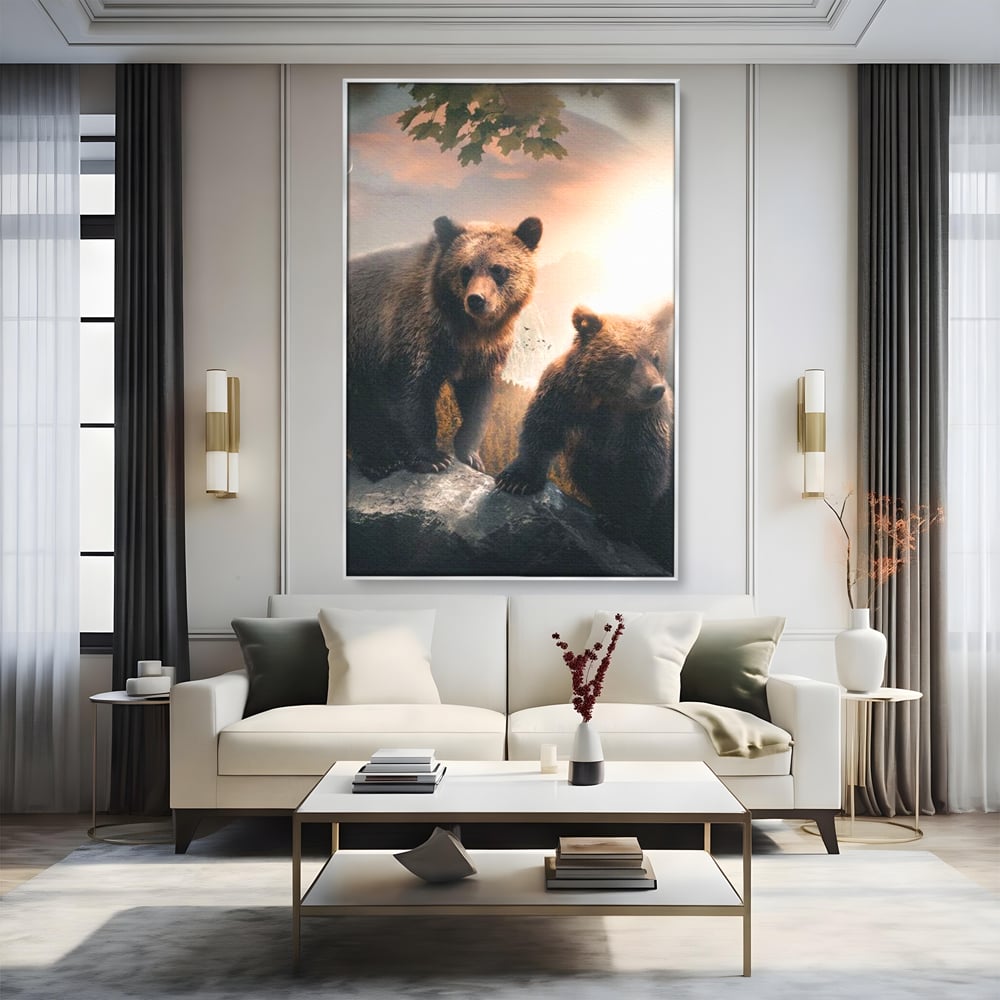 Tablou canvas cu tablou canvas cu doi ursi pe stanca, in rama de aluminiu argintiu, pe perete intr-un living