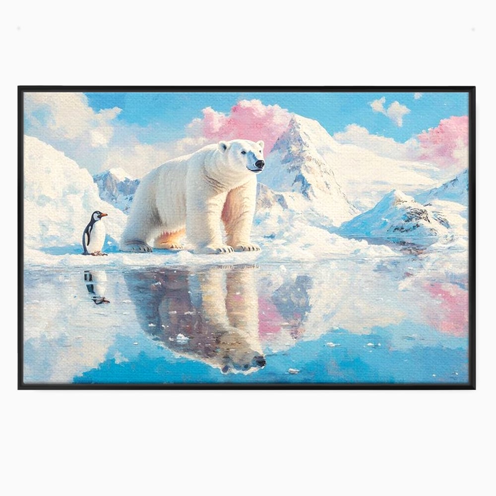Tablou canvas cu tablou cu urs polar si pinguin pe ghetar, in rama de aluminiu negru