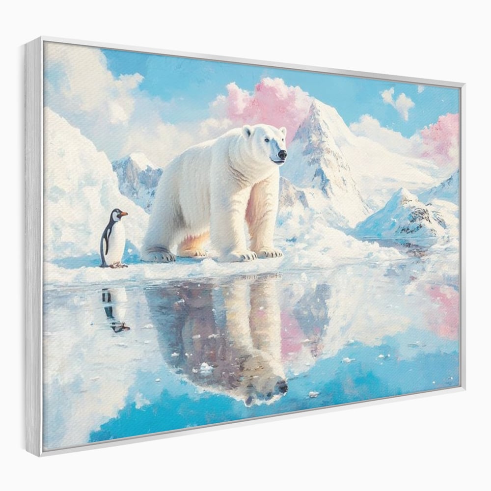 Tablou canvas cu tablou cu urs polar si pinguin pe ghetar, in rama de aluminiu argintiu