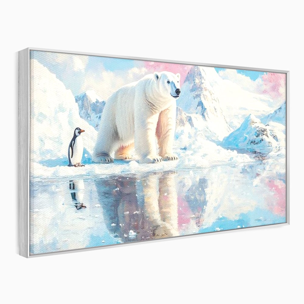 Tablou canvas cu tablou cu urs polar si pinguin pe ghetar, in rama de aluminiu argintiu