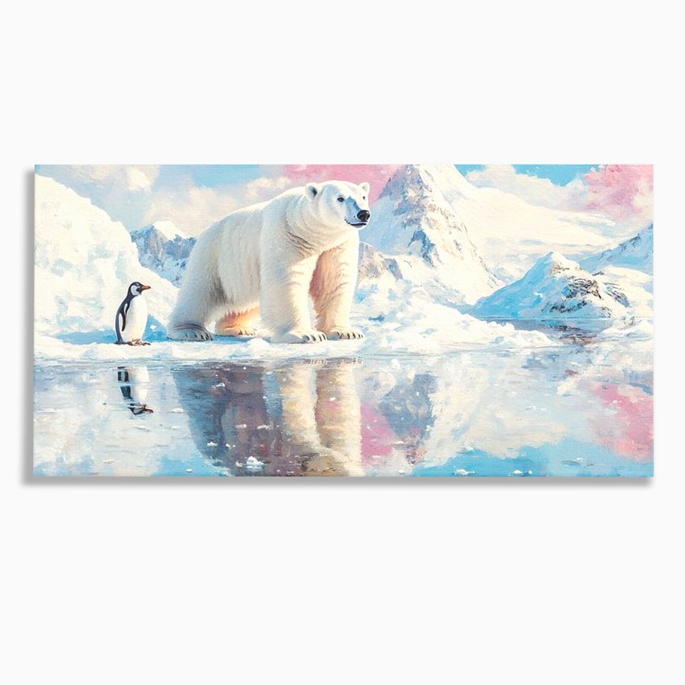Tablou canvas cu tablou cu urs polar si pinguin pe ghetar, fara rama, pe sasiu de lemn
