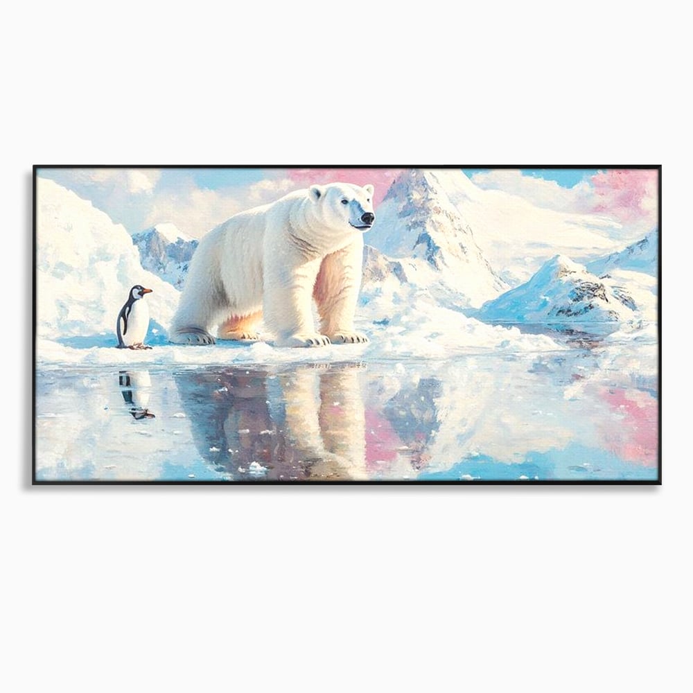 Tablou canvas cu tablou cu urs polar si pinguin pe ghetar, in rama de aluminiu negru