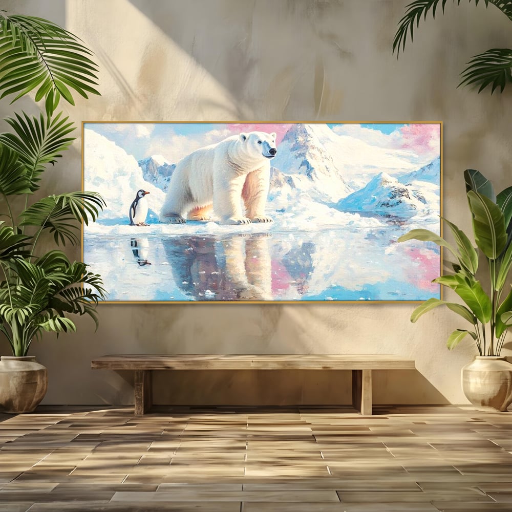 Tablou canvas cu tablou cu urs polar si pinguin pe ghetar, in rama de aluminiu auriu