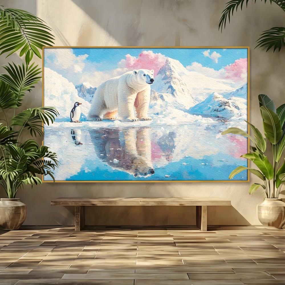 Tablou canvas cu tablou cu urs polar si pinguin pe ghetar, in rama de aluminiu auriu