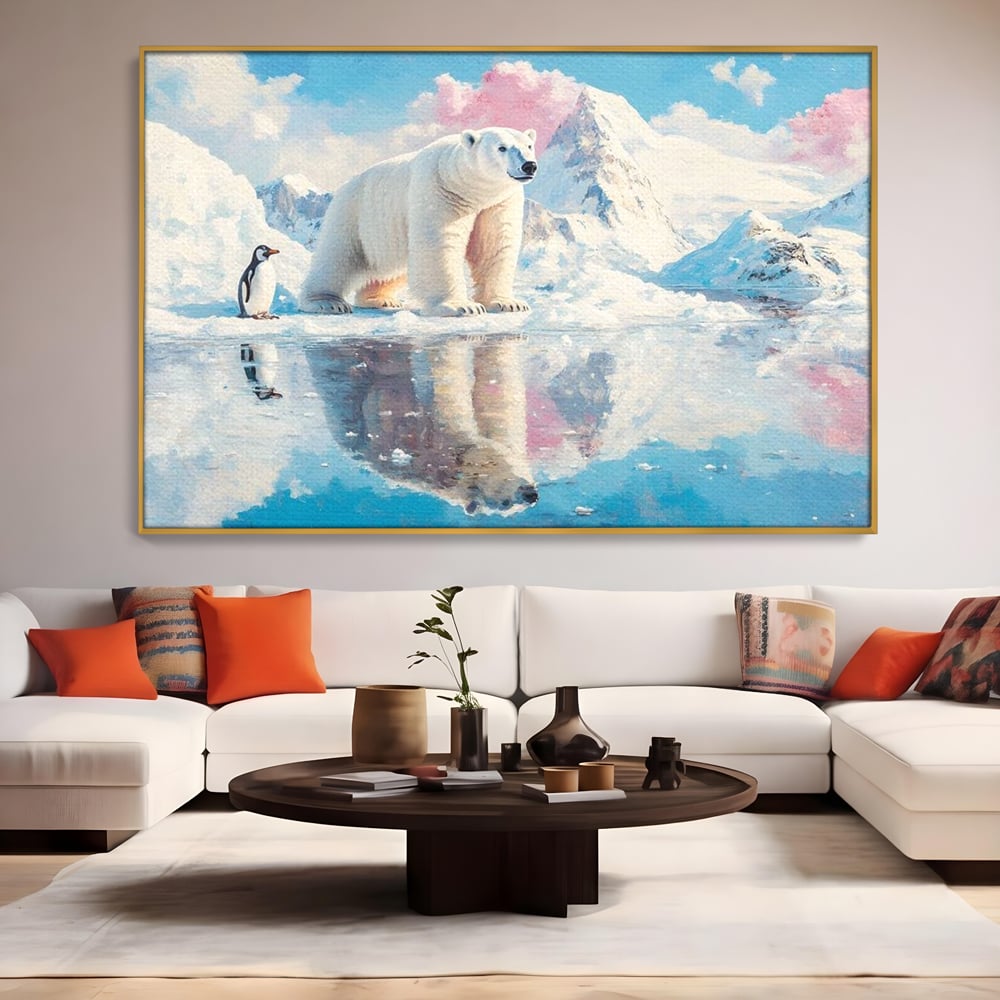 Tablou canvas cu tablou cu urs polar si pinguin pe ghetar, in rama de aluminiu auriu, pe perete intr-un living