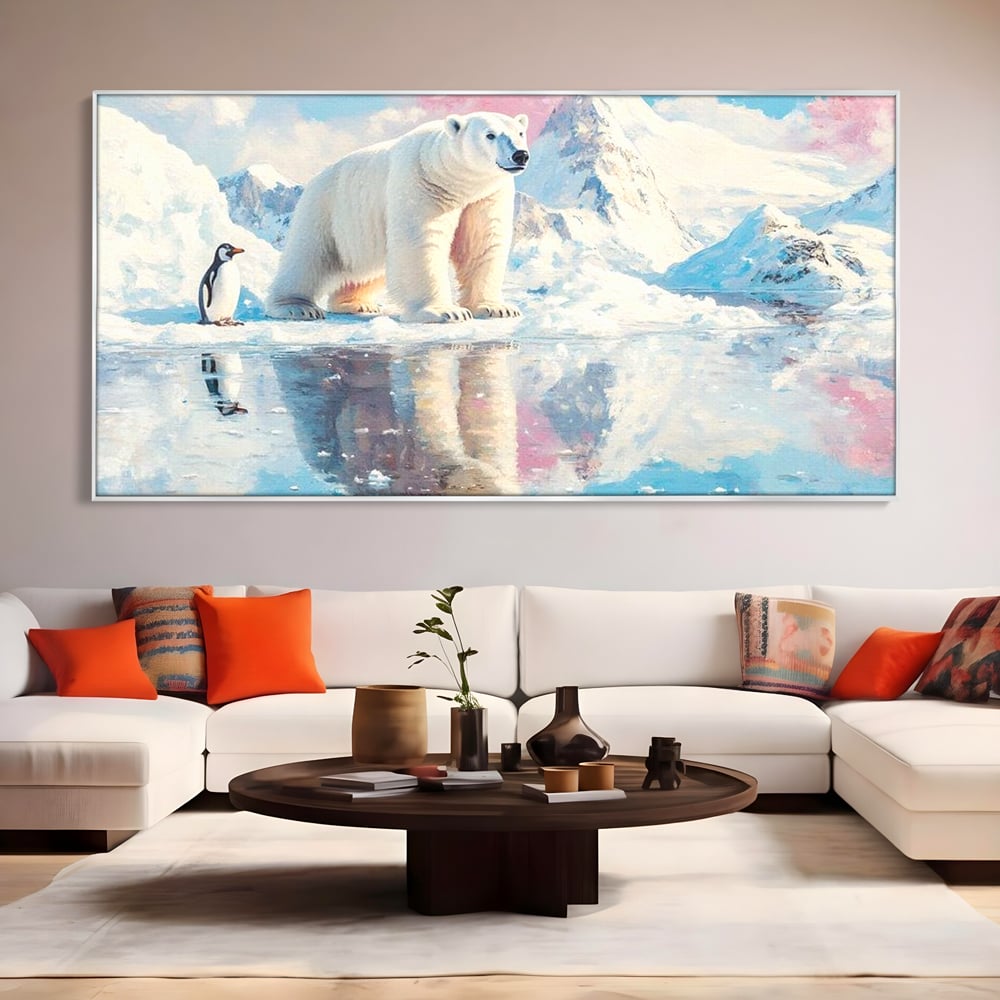 Tablou canvas cu tablou cu urs polar si pinguin pe ghetar, in rama de aluminiu argintiu, pe perete intr-un living