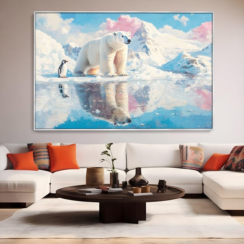 Tablou canvas cu tablou cu urs polar si pinguin pe ghetar, in rama de aluminiu argintiu, pe perete intr-un living