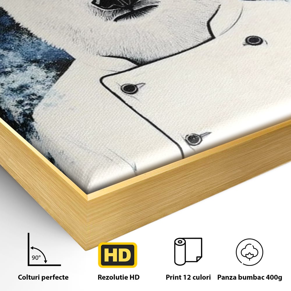 Detaliu al suprafetei: tablou canvas cu urs polar bucatar, in rama de aluminiu auriu