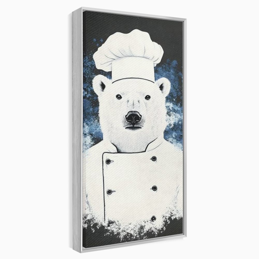 Tablou canvas cu tablou canvas cu urs polar bucatar, in rama de aluminiu argintiu
