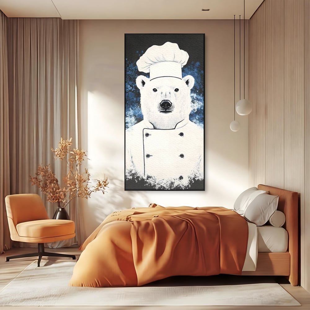Tablou canvas cu tablou canvas cu urs polar bucatar, in rama de aluminiu negru, pe perete intr-un dormitor