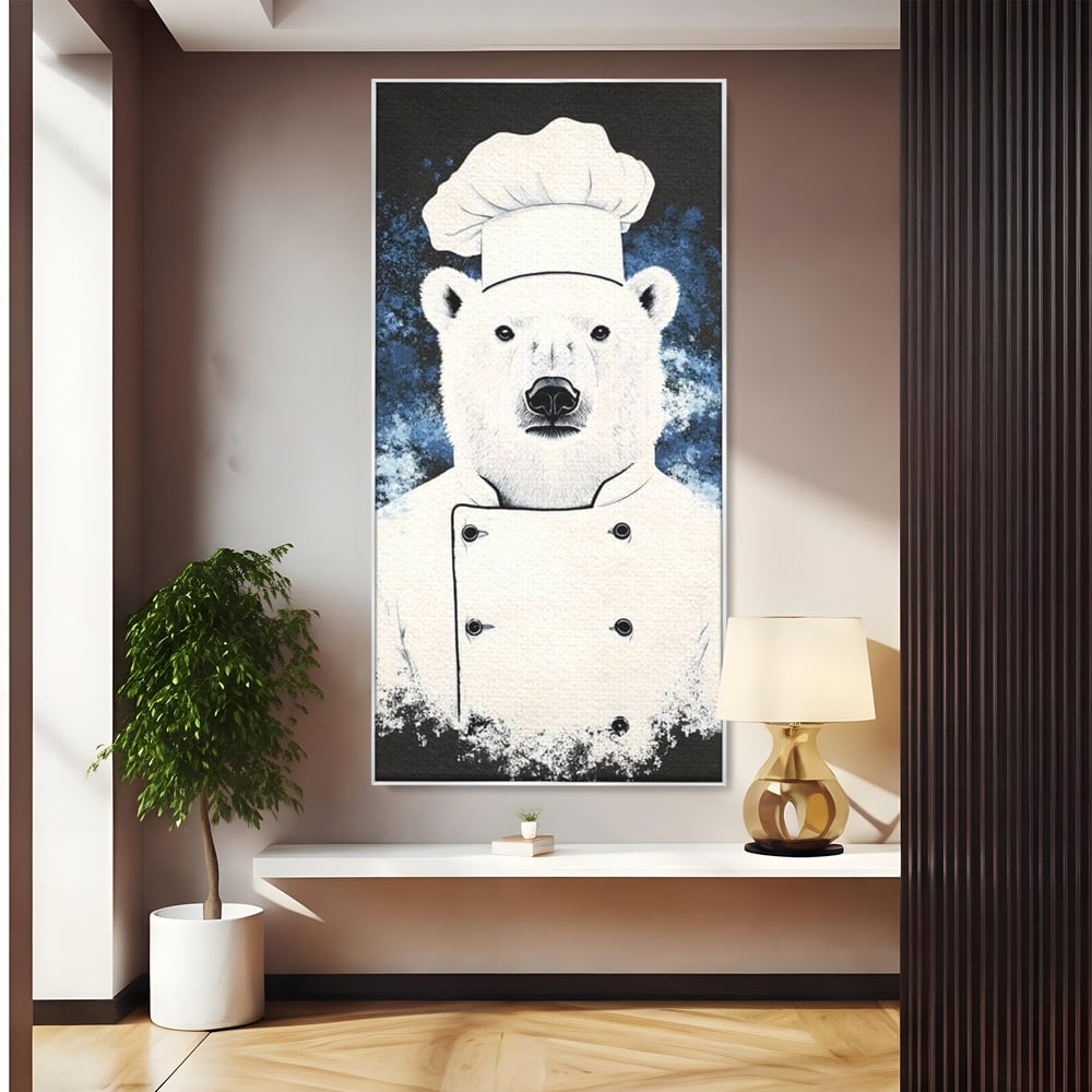 Tablou canvas cu tablou canvas cu urs polar bucatar, in rama de aluminiu argintiu