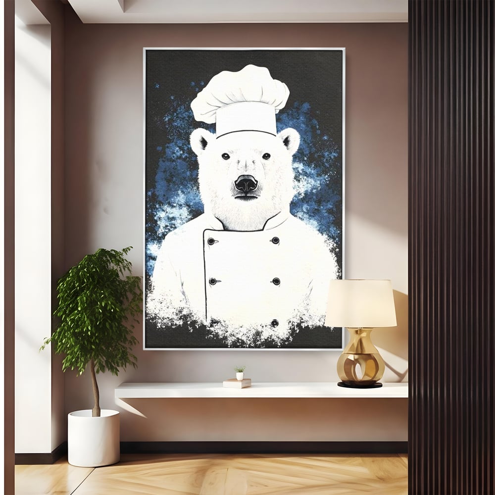 Tablou canvas cu tablou canvas cu urs polar bucatar, in rama de aluminiu argintiu