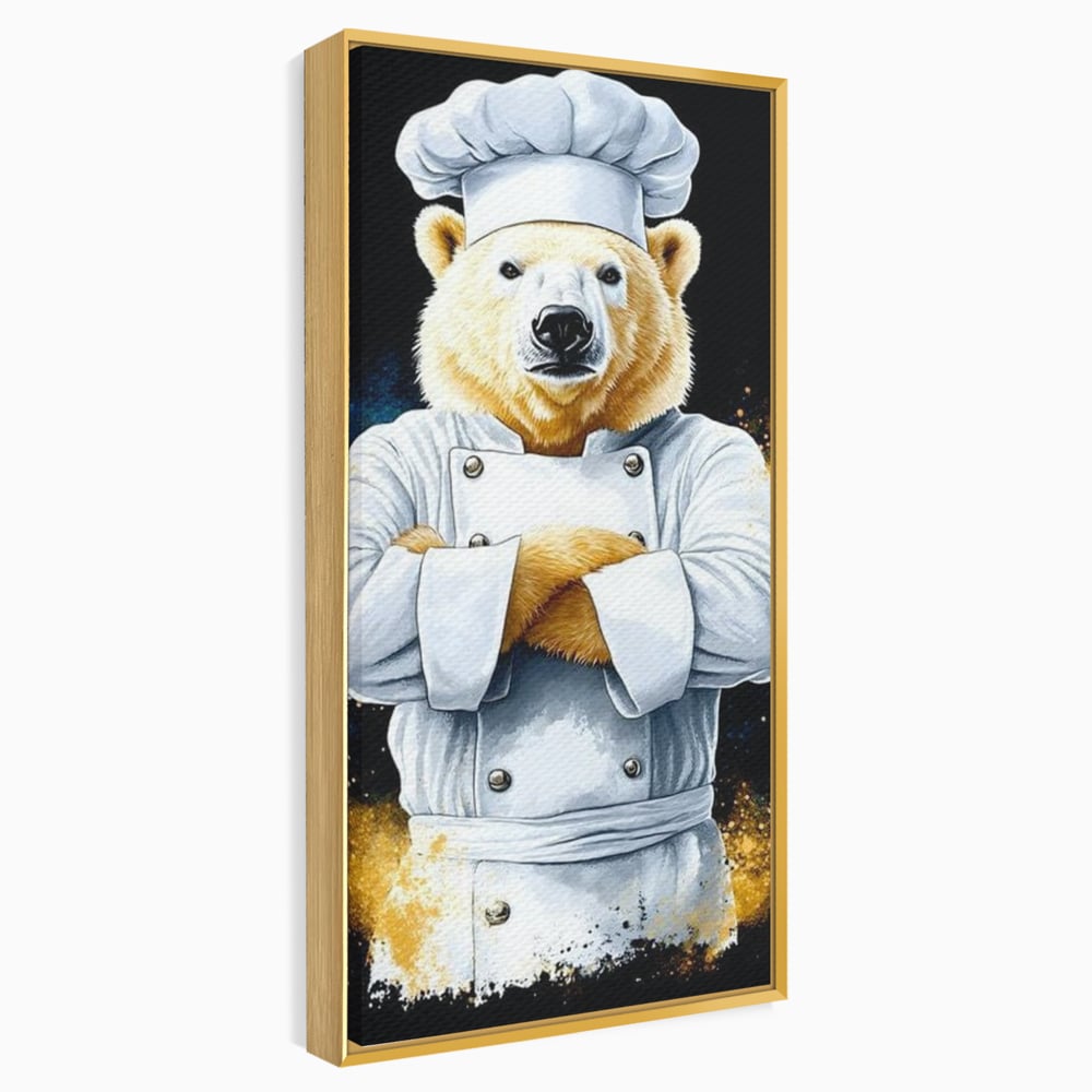 Tablou canvas cu ilustratie urs polar bucatar, in rama de aluminiu auriu