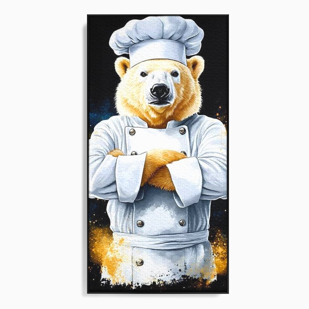 Tablou canvas cu ilustratie urs polar bucatar, in rama de aluminiu negru
