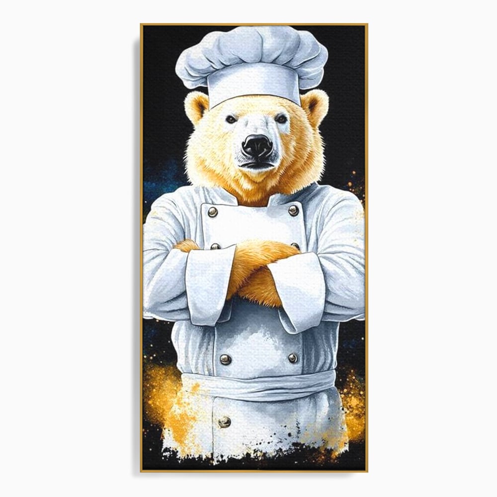 Tablou canvas cu ilustratie urs polar bucatar, in rama de aluminiu auriu