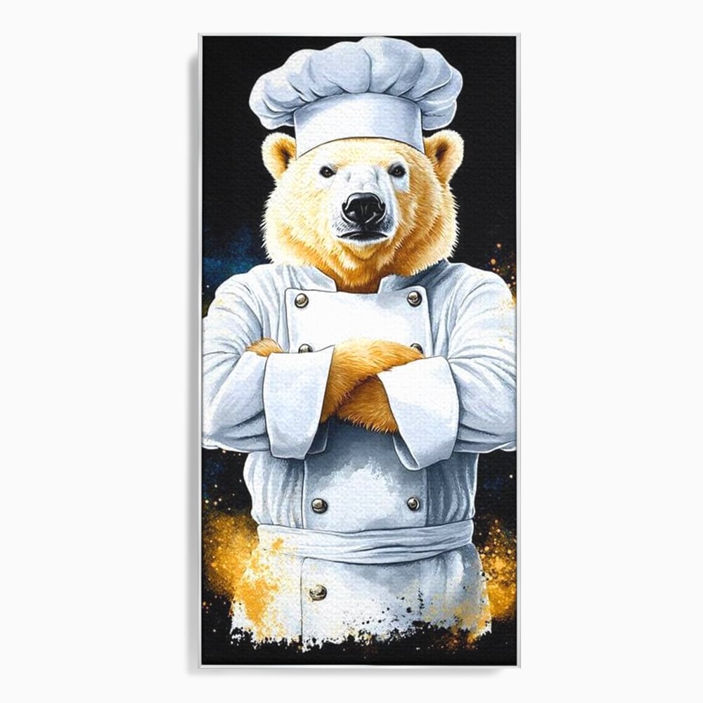 Tablou canvas cu ilustratie urs polar bucatar, in rama de aluminiu argintiu