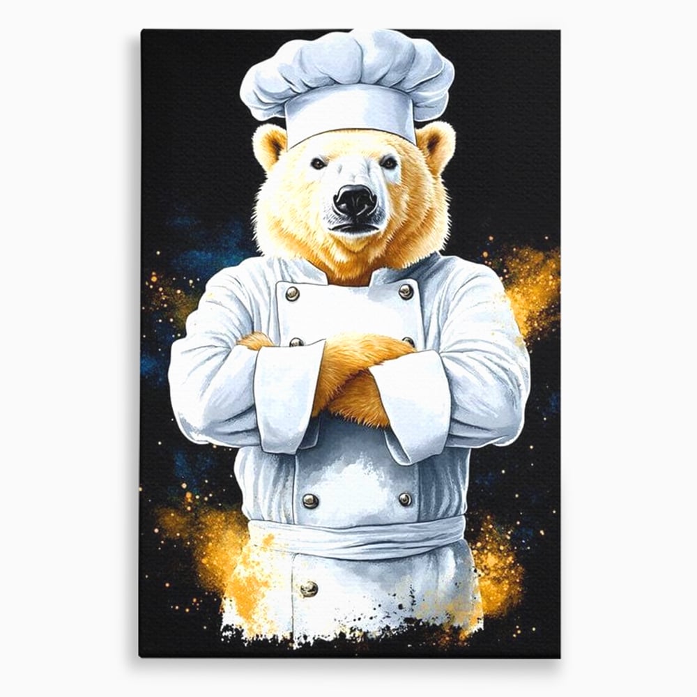 Tablou canvas cu ilustratie urs polar bucatar, fara rama, pe sasiu de lemn
