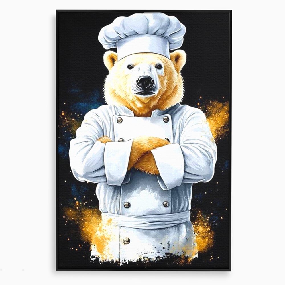 Tablou canvas cu ilustratie urs polar bucatar, in rama de aluminiu negru