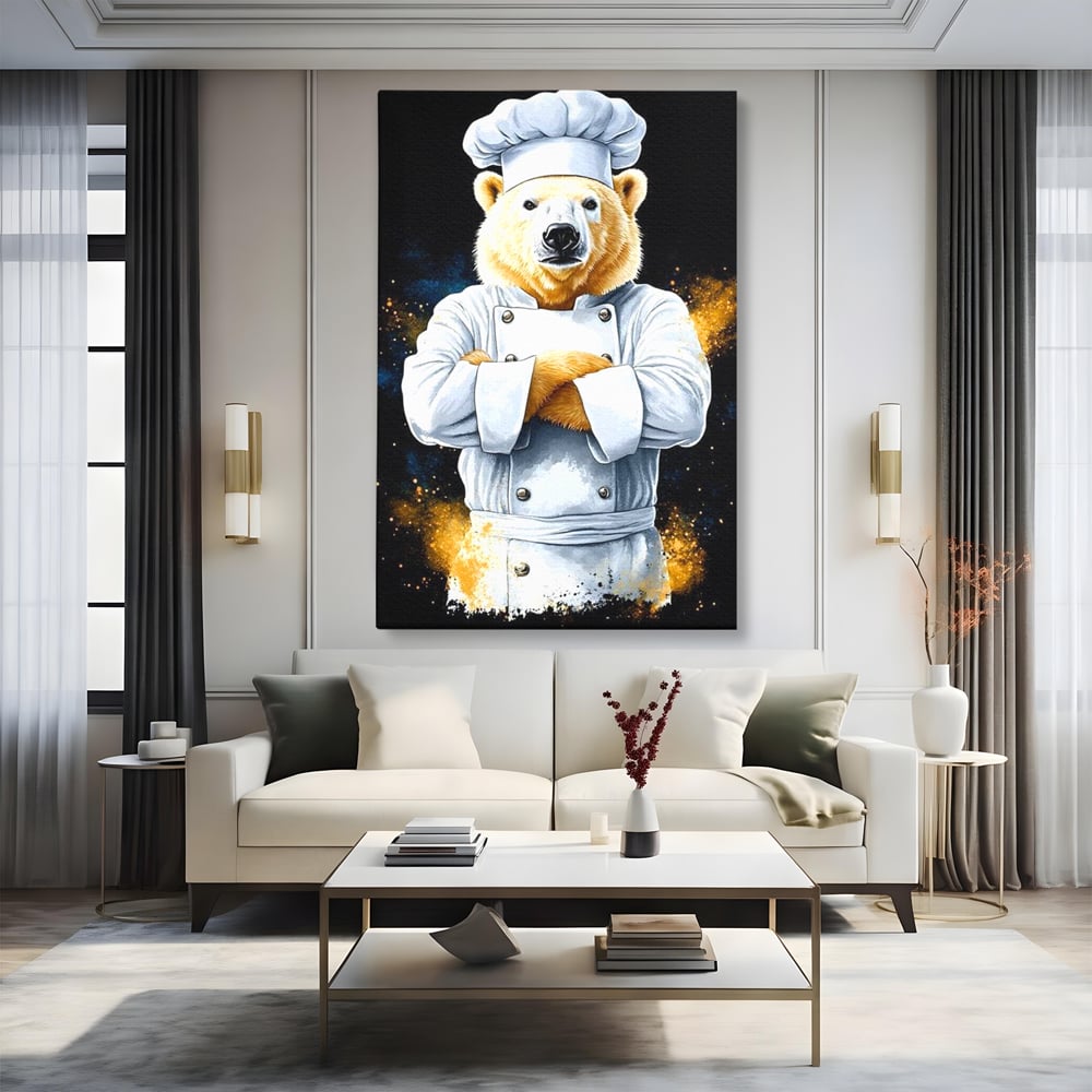 Tablou canvas cu ilustratie urs polar bucatar, fara rama, pe sasiu de lemn, pe perete intr-un living