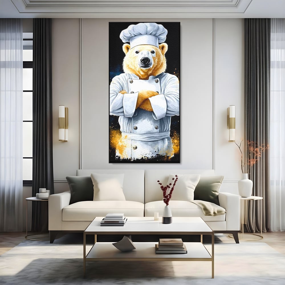 Tablou canvas cu ilustratie urs polar bucatar, in rama de aluminiu negru, pe perete intr-un living