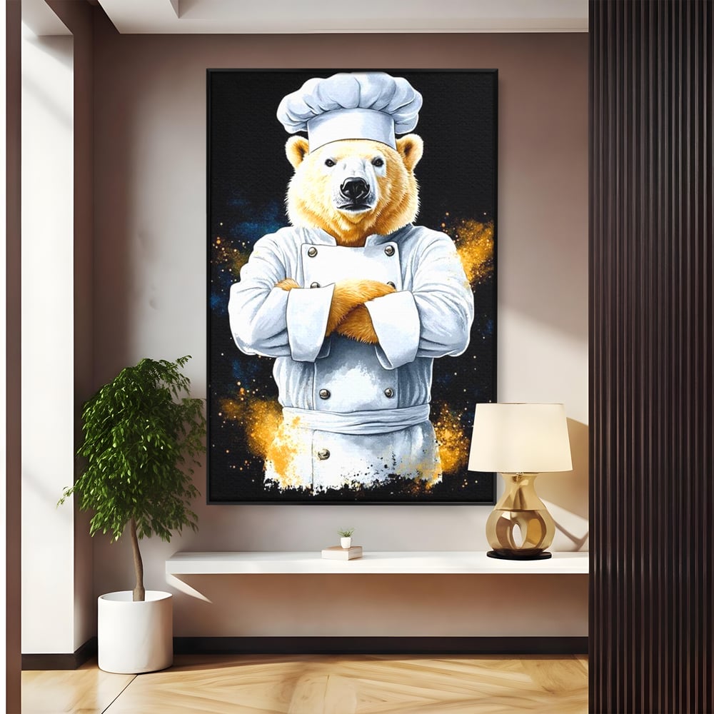 Tablou canvas cu ilustratie urs polar bucatar, in rama de aluminiu negru