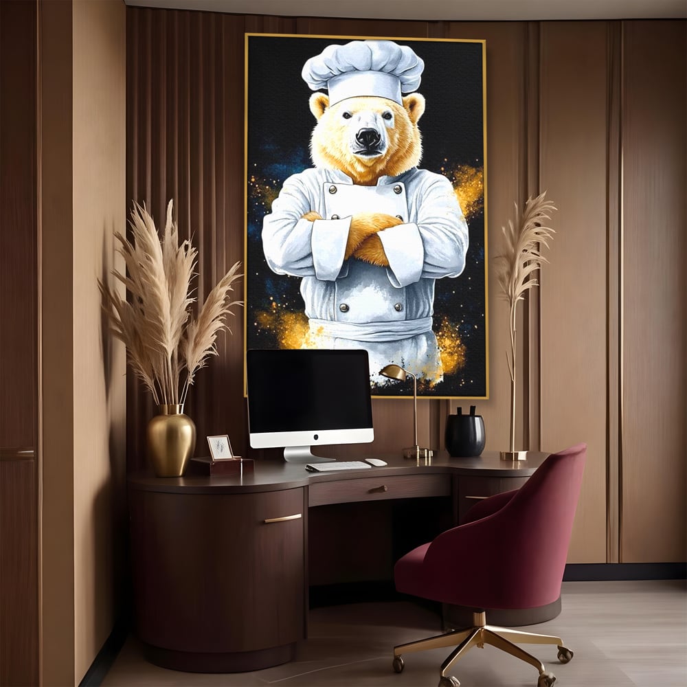Tablou canvas cu ilustratie urs polar bucatar, in rama de aluminiu auriu, pe perete intr-un birou