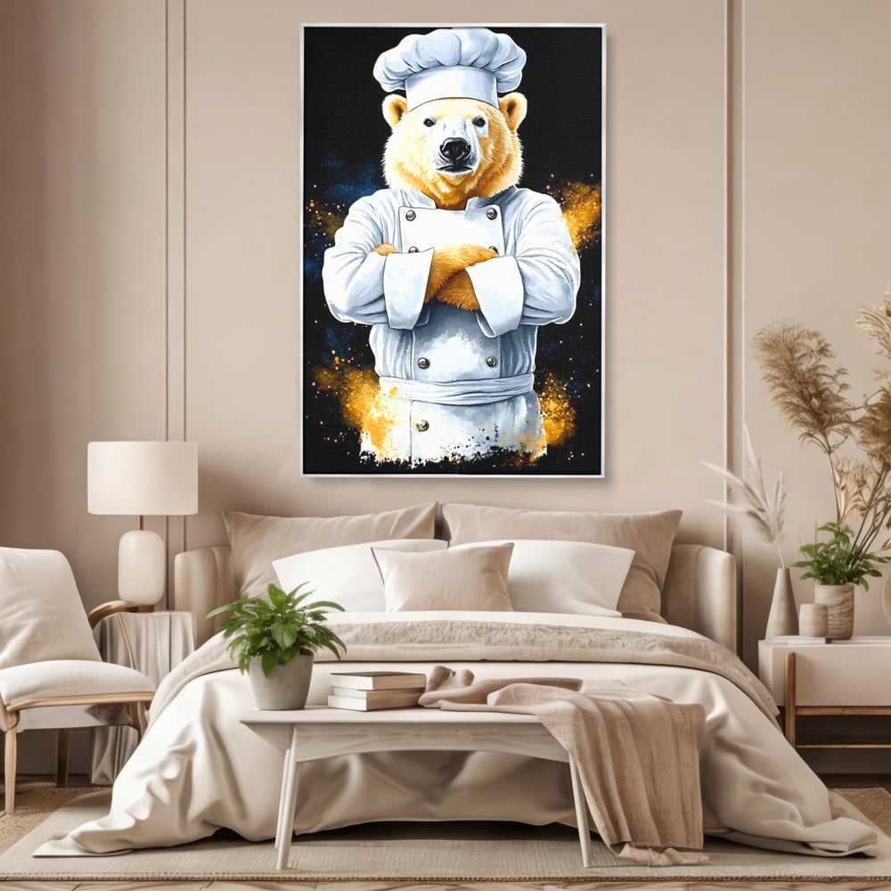 Tablou canvas cu ilustratie urs polar bucatar, in rama de aluminiu argintiu, pe perete intr-un dormitor