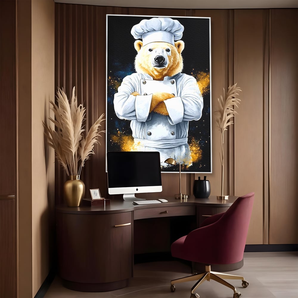 Tablou canvas cu ilustratie urs polar bucatar, in rama de aluminiu argintiu, pe perete intr-un birou