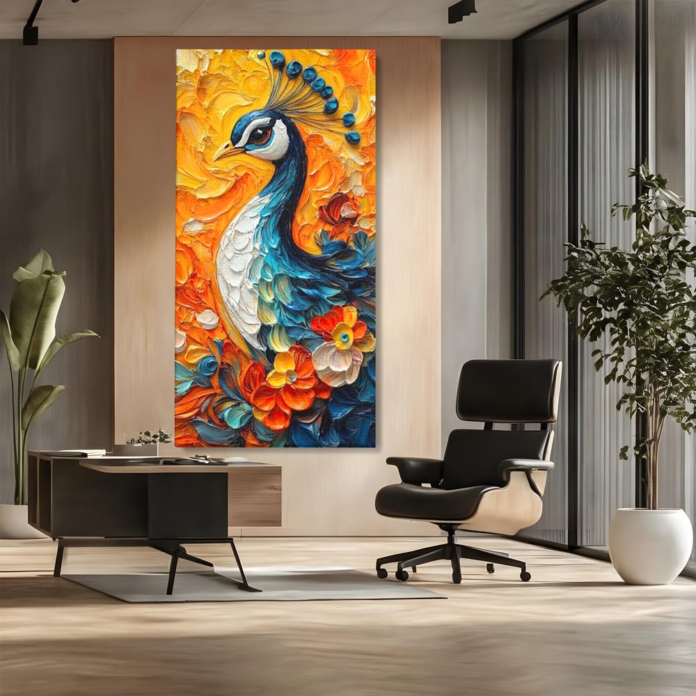 Tablou canvas cu tablou canvas cu paun pictat, fara rama, pe sasiu de lemn, pe perete intr-un birou