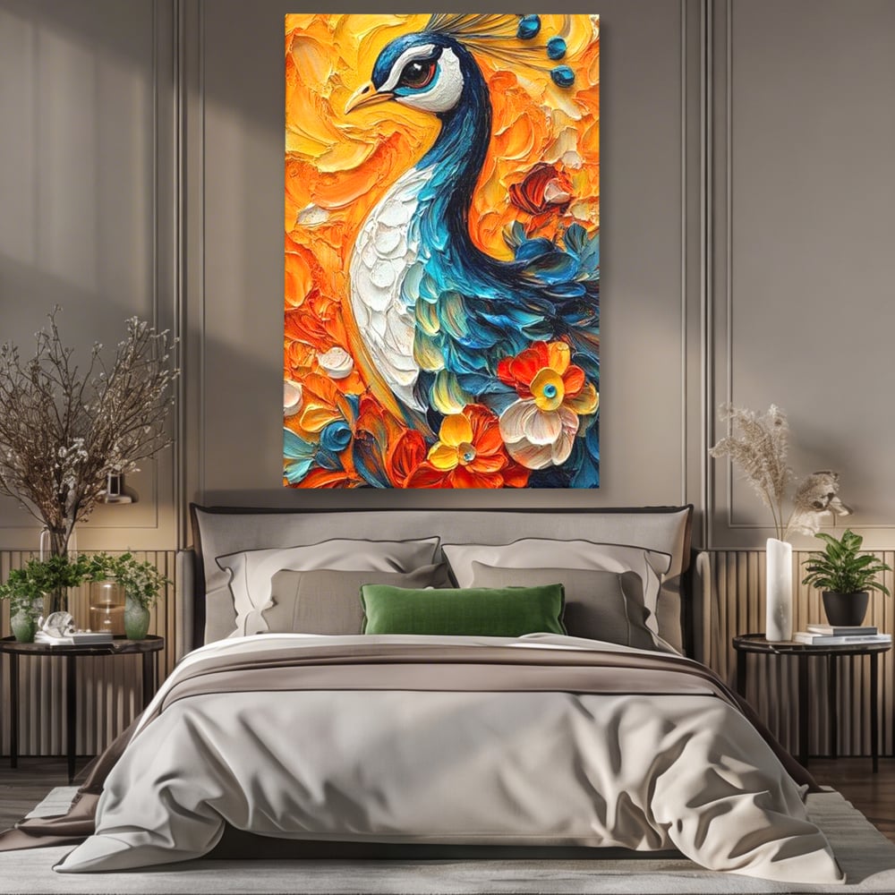 Tablou canvas cu tablou canvas cu paun pictat, fara rama, pe sasiu de lemn, pe perete intr-un dormitor