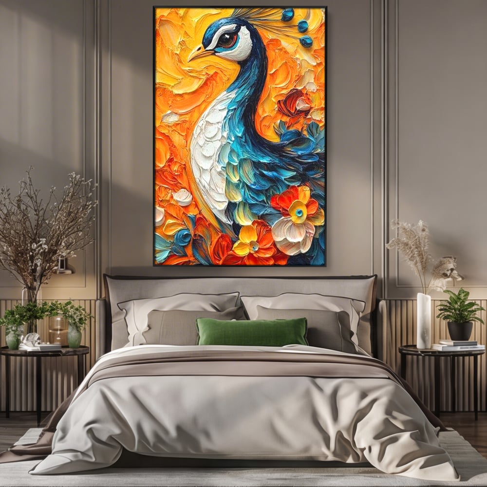 Tablou canvas cu tablou canvas cu paun pictat, in rama de aluminiu negru, pe perete intr-un dormitor
