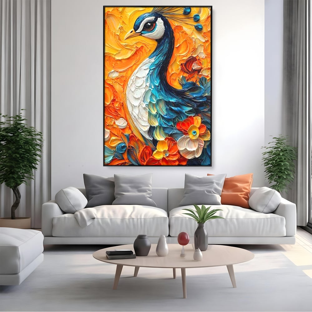 Tablou canvas cu tablou canvas cu paun pictat, in rama de aluminiu negru, pe perete intr-un living