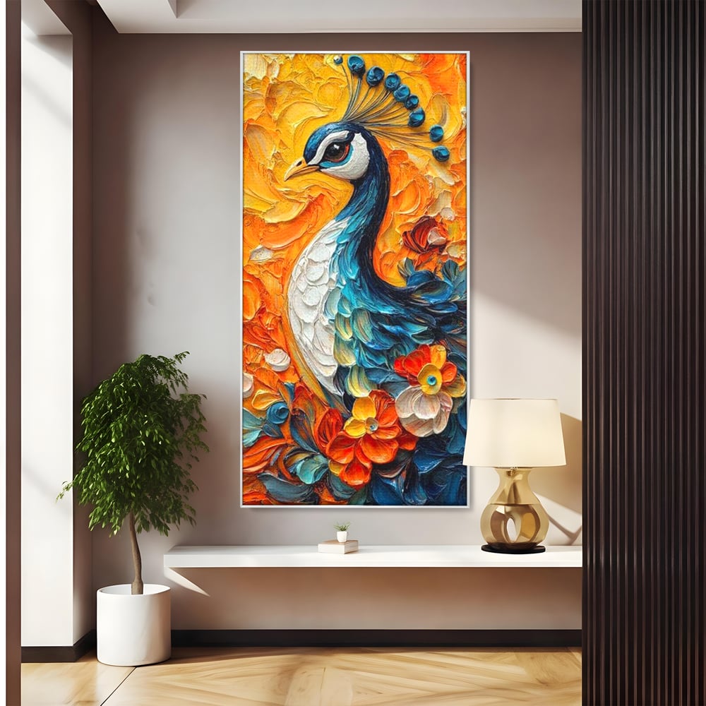 Tablou canvas cu tablou canvas cu paun pictat, in rama de aluminiu argintiu