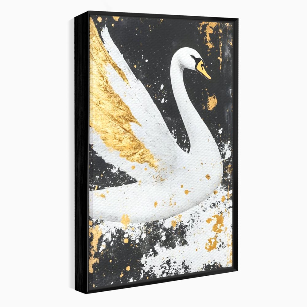 Tablou canvas cu tablou canvas cu lebada si auriu, in rama de aluminiu negru