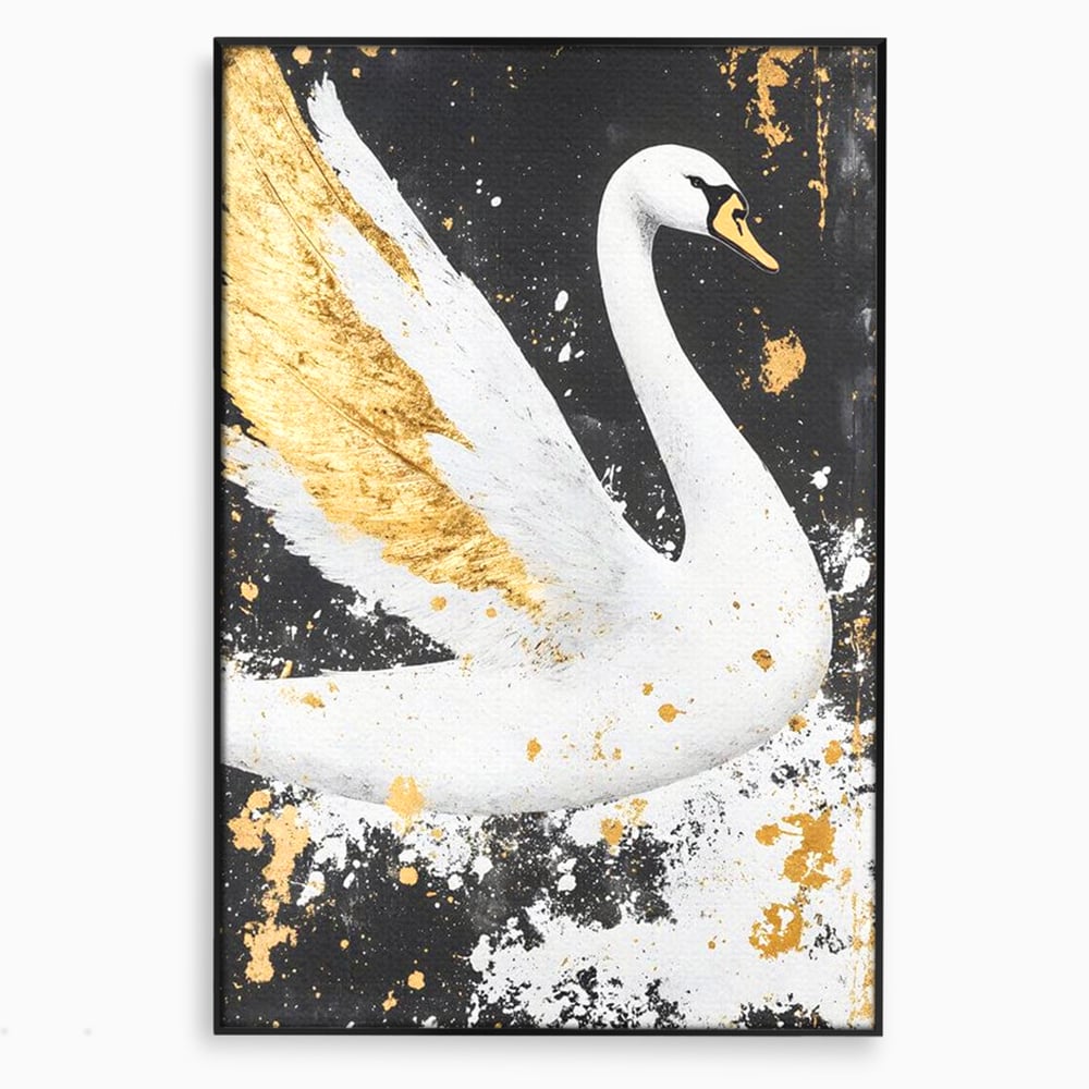 Tablou canvas cu tablou canvas cu lebada si auriu, in rama de aluminiu negru