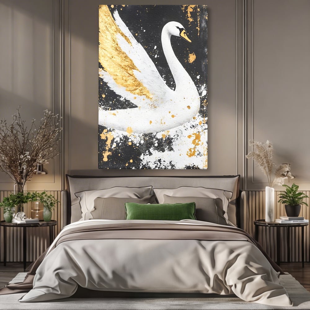 Tablou canvas cu tablou canvas cu lebada si auriu, fara rama, pe sasiu de lemn, pe perete intr-un dormitor