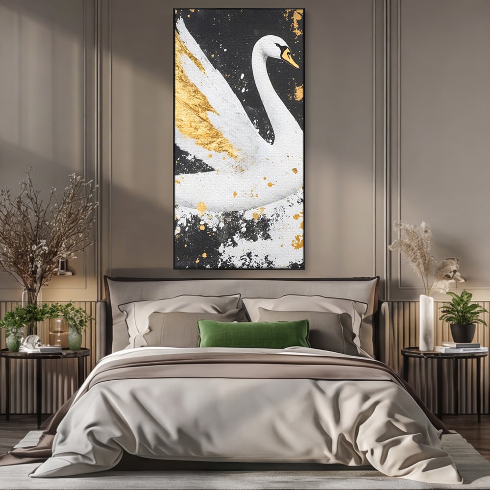 Tablou canvas cu tablou canvas cu lebada si auriu, in rama de aluminiu negru, pe perete intr-un dormitor